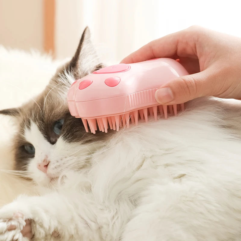 3-in-1 Steam Cat Brush – Rotating Grooming, Hair Removal & Massage Comb with Spray